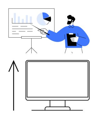 İş adamı elinde bir pano tutarken grafiklerle grafikleri gösteriyor. Büyük ok boş bir bilgisayar monitörünün yanına işaret ediyor. İş büyümesi, sunumlar, finans ve analitik için ideal
