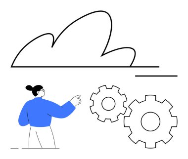 İş kadını, teknoloji ve otomasyon entegrasyonunu sembolize ederek büyük bulut ve dişlilere işaret ediyor. Bulut hesaplama, veri yönetimi, iş otomasyonu, teknolojik çözümler, dijital