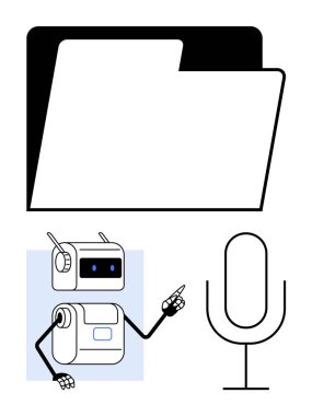 Antenli ve mikrofonlu dizin robotu. Teknoloji, otomasyon, yapay zeka, veri örgütü, ses komutları, konuşma tanıma, dijital asistanlar için ideal. Satır metaforu