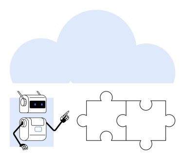 Robot bulut altındaki birbirine bağlı yapboz parçalarını işaret ediyor. Teknoloji, yenilik, yapay zeka, problem çözme, bulut hesaplama, takım çalışması ve dijital dönüşüm için ideal. Satır metaforu