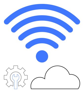 Bulutun üstünde mavi kablosuz sinyal sembolü ve ingiliz anahtarı olan bir vites. Teknoloji, ağ oluşturma, bulut hesaplama, veri hizmetleri, internet, bilişim desteği, uzaktan çalışma temaları için idealdir. Satır metaforu