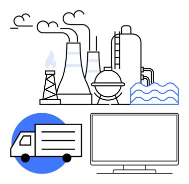 Bacaları, yakıt deposu, boruları, kamyonu ve monitörü olan bir fabrika. Endüstriyel otomasyon, teknoloji entegrasyonu, lojistik, çevresel etki fabrikası yönetimi modern imalat için ideal