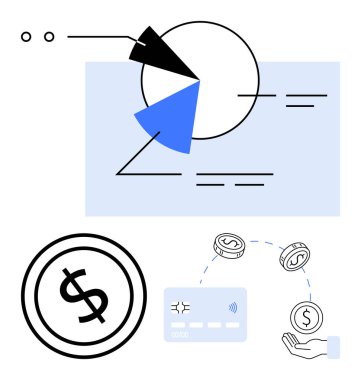 Turta grafiği, para birimi sembolü, oklar, bozuk paralar ve kredi kartı olan iş bilgileri. Finans, bankacılık, analitik e-ticaret dijital ödemeler yatırım iş raporları için idealdir. Satır metaforu