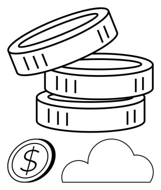Üç istiflenmiş bozuk para ve bir tane de bulutun yanında dolar işareti olan ayrı para. Finans, tasarruf, zenginlik yönetimi, çevrimiçi bankacılık, bulut hizmetleri, ekonomik büyüme için ideal. Satır metaforu