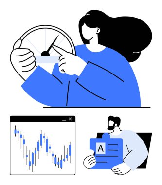 İşadamı saati işaret ediyor, dalgalanan çizgi grafiğini analiz ediyor ve belgeleri inceliyor. Üretkenlik, zaman yönetimi, veri analizi, ofis çalışması, proje planlaması, iş stratejisi için ideal