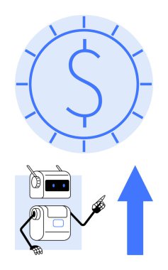 Dolar sembolünü gösteren robot ve yukarı doğru yükselen mavi ok finansal büyümeyi, ilerlemeyi, teknolojiyi, yeniliği ve yatırımı sembolize ediyor. Ekonomi, finans, otomasyon, teknoloji ve iş için ideal