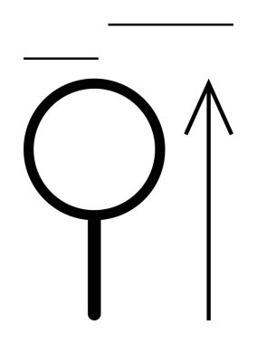 Yukarıyı gösteren bir okun yanında büyüteç, üzerinde iki yatay çizgi var. İş büyümesi, analiz, ilerleme takibi, araştırma, geliştirme, odaklanma eğitimi için ideal. Satır metaforu