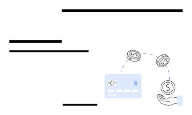 Kredi kartı, el ve para akışı sürecini gösteriyor. Çevrimiçi ödemeler, bankacılık, e-ticaret, fintech, dijital cüzdanlar tasarruf finans yönetimi için ideal. Satır metaforu