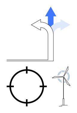 Yön gösteren oklar, dairesel hedef, rüzgar türbini. Büyüme, hedefler, yenilenebilir enerji navigasyonu sürdürülebilirlik yeniliği için idealdir. Çizgi benzetmesi. Çizgi benzetmesi. Basit satır simgeleri