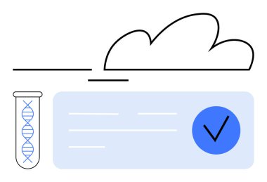 Bulut anahatlarının yanında DNA test tüpü ve işaretli veri kartı. Bilimsel araştırma, biyoteknoloji, sağlık, veri yönetimi, bulut hesaplama, doğrulama süreçleri ve yenilik için ideal