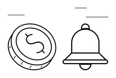 Uyarı zilinin yanında dolar işareti olan sikke. Finans, bankacılık, döviz güncellemeleri, uyarılar, hatırlatma işleri için idealdir. Çizgi benzetmesi. Çizgi benzetmesi. Basit satır simgeleri