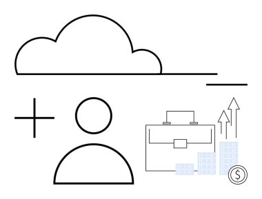 Kullanıcı simgesinin üstünde bulut grafiği artı işareti, evrak çantası, istiflenmiş paralar ve yukarı doğru oklarla birlikte. Dijital depolama, kişisel finans, iş büyümesi, yönetim araçları, başarı için ideal