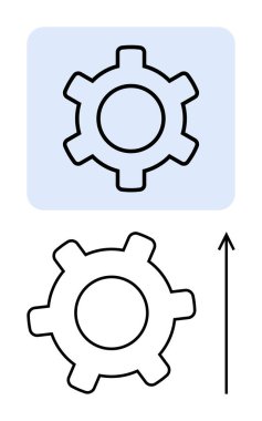 Gear symbol alongside an upward arrow signifies progress development and innovation journeys. Ideal for industry, engineering, technology, advancement, mechanics, growth, and improvement. Line clipart