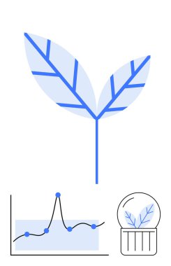 Petri kabında yaprak ve tepe noktasıyla mavi çizgili yaprak. Büyüme, analiz, doğa, bilim, yenilik, teknoloji, sürdürülebilirlik konuları için idealdir. Satır metaforu