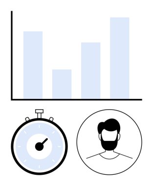 Büyümeyi gösteren bar tablosu, zaman yönetimini sembolize eden kronometre ve profesyonel bir erkek profil ikonu. İş analizi, verimlilik, profesyonel ağ oluşturma, zaman yönetimi için ideal