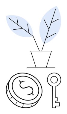 İki yapraklı saksı bitkisi, büyük paralar, eski moda anahtar. Finans, yatırım, tasarruf, güvenlik, büyüme sektörü çevre dostu temaları için idealdir. Satır metaforu