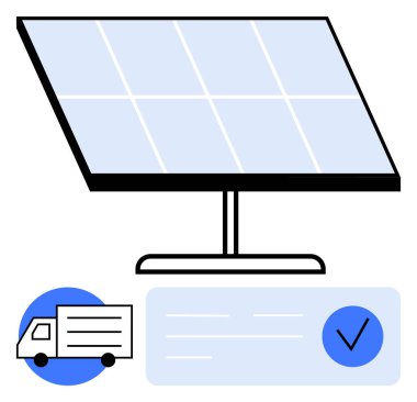 Teslimat kamyonu ve işaretli kontrol listesi olan büyük bir güneş paneli. Lojistik, yenilenebilir enerji, kurulum, ulaşım, yeşil teknoloji, güneş enerjisi ve sürdürülebilir çözümler için ideal