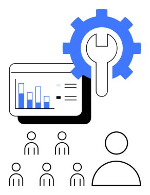 Bilgisayar ekranında İngiliz anahtarı grafiği ve takım simgeleri olan bir vites. İş büyümesi, takım çalışması, veri analizi, yönetim, organizasyon, verimlilik ve verimlilik için ideal. Satır metaforu