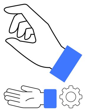 Çimdikleme pozisyonunda el hareketleri ve dişli dişlinin yanında avuç içi açık el hareketi. Seçim, etkileşim, arayüz tasarımı, işlevsellik, iletişim ve teknoloji temaları için idealdir. Çizgi