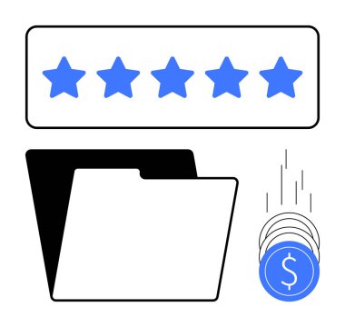 Şeffaf klasör simgesi, beş mavi yıldızlı ve düşen paraların yanında mükemmeliyet ve finansmanı vurguluyor. İş kalitesi, hizmet notu, finans, veri yönetimi ve yatırım için ideal