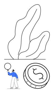 Soyut yaprak çizgileri, elinde balon tutan mavili bir insan dolar işareti olan büyük bir bozuk para. Finans, büyüme, ekonomi, iş dünyası, yatırım reklam yaratıcılığı için idealdir. Satır metaforu