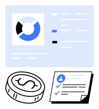 Turta grafiği, kullanıcı profili olan bir kontrol listesi ve bir dolar madeni para ikonu içeren iş raporu paneli. Finansal analiz, proje yönetimi, iş planlaması, muhasebe ve bütçe için ideal