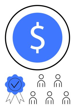 Mavi daireli mavi kurdeleli dolar işareti, üzerinde işaretli beş ana hatlı insan figürü. Finans, başarı, takım çalışması, takdir, ödül, başarı ve işbirliği için ideal. Satır metaforu