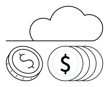 Birikmiş paraların ve tek bir madeni paranın üzerindeki bulut tasarruf ve güvenliği temsil ediyor. Bulut hesaplama, mali yönetim, teknoloji yatırımları, maliyet azaltma, dijital depolama, fintech, bilişim için ideal