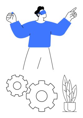 Sanal gerçeklik kulaklığı kullanan, kollarını açıp sanal elementlerle etkileşime giren biri. Teknoloji, yenilik, VR deneyimi, oyun, eğitim, fütüristik temalar, etkileşimli