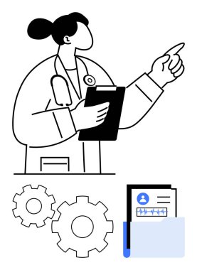 Kadın doktor pano tutuyor ve yukarı bakıyor. Yanında dişliler, tıbbi kayıtlar ve klasör var. Sağlık hizmetleri, tıp uzmanları, veri yönetimi, takım çalışması, üretkenlik için ideal