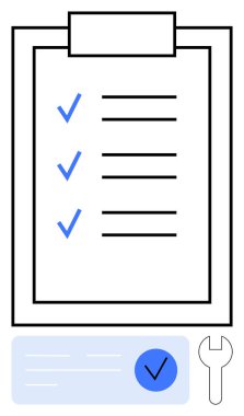 Üç mavi işaretli pano ve bir ingiliz anahtarı simgesi ve ek metin alanı ile birlikte bir görev listesi. Görev yönetimi, yapılacaklar listesi, üretkenlik, organizasyon, proje planlaması için ideal