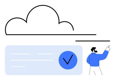 İş adamı, kontrol listesinin üstünde ağ hattı olan bir bulutu işaret ediyor. Bulut hizmetleri, veri yönetimi, iş çözümleri, bilişim güvenliği, üretkenlik, görev yönetimi için ideal