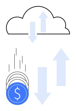 Okları olan bulut, mavi para desteleri ve yön okları. Finans, teknoloji, bulut depolama, yatırımlar, dijital para piyasası analizi finansal büyüme için idealdir. Satır metaforu