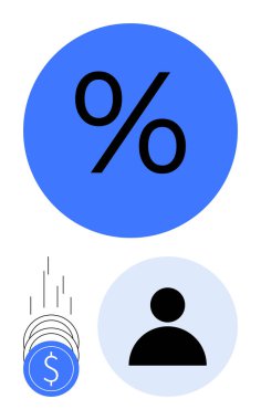 Büyük mavi yüzde sembolü, kişisel profil ikonu ve dolar işaretli düşen paralar. Finans, muhasebe, tasarruf, bütçe, yatırım, ekonomik analiz bankacılığı için idealdir. Satır metaforu