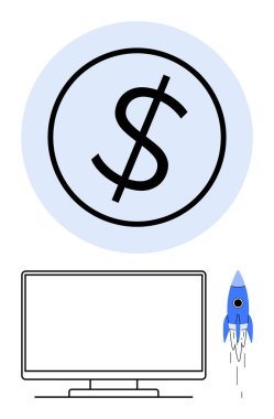 Dollar sign in blue circle above computer monitor and launching rocket, symbolizing financial growth, technology, success. Ideal for finance, investment, startups, technology, business growth clipart