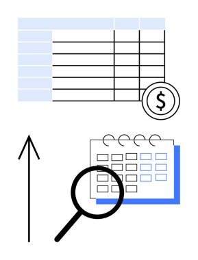 Dolar işaretli mali tablolar, yukarı doğru ok, büyüteç inceleme takvimi. İş analizi, mali planlama, bütçe, takvim, büyüme stratejisi, yatırım için ideal