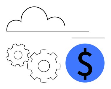 İki vites ve dolar sembolünün üzerinde bulut var. Bulut depolama hizmetleri, maliyet analizi, teknoloji çözümleri, finansal planlama, bilişim otomasyonu, ekonomik verimlilik, iş stratejileri için idealdir. Çizgi