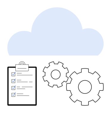 Bulut simgesi, panoda kontrol işaretleri olan kontrol listesi, ayarları ve otomasyonu temsil eden iki vites. Bulut hesaplama, görev yönetimi, iş akışı optimizasyonu, proje planlaması, süreç için ideal