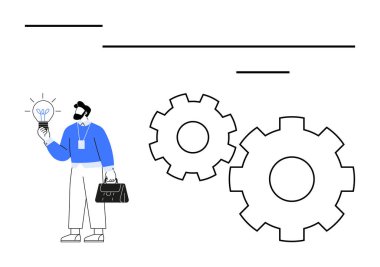 Elinde ampul tutan bir iş adamı iki büyük dişlinin yanında duruyor. Yenilik için ideal, mekanik süreçler, problem çözme, beyin fırtınası, iş çözümleri, yaratıcılık ve takım çalışması temaları. Çizgi