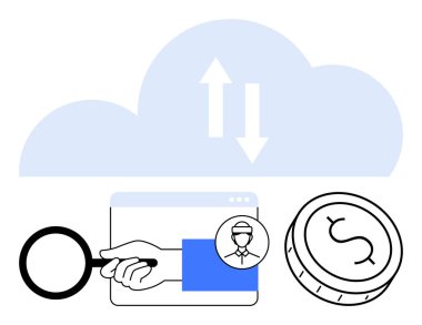 Yukarı ve aşağı okları olan bulut, büyüteç, kullanıcı profili, tarayıcı penceresi ve madeni para. Bulut bilgisayarı, veri transferi, finans, güvenlik, analiz teknolojisi için ideal