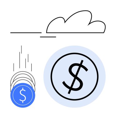 Dolar işaretleriyle paralar düşüyor, mavi çemberdeki büyük dolar işareti ve bulut. Finansal büyüme, refah, yatırım, tasarruf, bankacılık finansal planlama için ideal ekonomik başarı. Satır metaforu