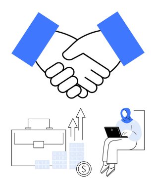 İki el titriyor, evrak çantası, bozuk paralar, büyümeyi gösteren oklar, dizüstü bilgisayarla oturan biri. İş, ortaklık, finans, büyüme profesyonel iş yatırımları ekibi için ideal