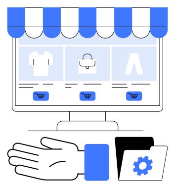 Alışveriş arabası simgeleriyle, el hareketleriyle, vites simgesi klasörüyle çevrimiçi mağazayı görüntüler. E-ticaret, çevrimiçi alışveriş, perakende, mağaza yönetimi, kullanıcı arayüzü, dijital pazarlama teknolojisi için ideal