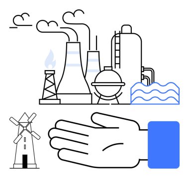 Fabrika, duman yığınları, yel, endüstriyel mimari, gökyüzü, bulutlar, dalgalar rüzgar çevresel sürdürülebilirlik. Temalar için ideal endüstri çevresi sürdürülebilirliğini temizler enerji