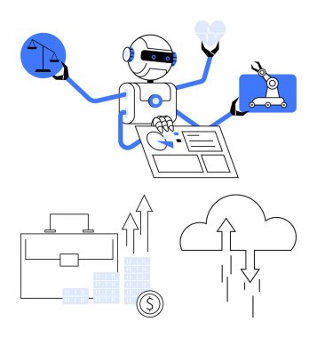 Dört kollu robot adalet, yenilik, tıbbi ve endüstriyel işlerle uğraşıyor. İş, teknoloji, hukuk, sağlık hizmetleri finans otomasyonu ve bulut hesaplama temaları için idealdir. Satır metaforu