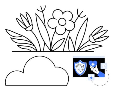 Çeşitli bitki ve çiçeklerle dolu bir çiçek bahçesi, aşağıda bir bulut, ve kalkan ve kalp sembolleriyle sağlık hizmetleri arayüzü. Sağlık temaları, doğa, bahçıvanlık, dijital sağlık, çevre bilinci için ideal