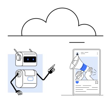 Robot megafonla akıllı bir telefona işaret ediyor. Yapay zeka teknolojisi, dijital pazarlama, çevrimiçi tanıtım, sosyal medya stratejisi, otomasyon, bulut hesaplama, iletişim için ideal. Çizgi