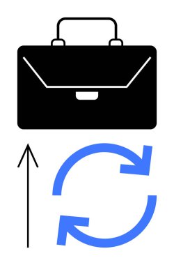 Üstte siyah evrak çantası, altta yukarı doğru ok ve altta dairesel mavi oklar. Ticari ilerleme, kariyer büyümesi, sürdürülebilir kalkınma, geri dönüşüm, kurumsal strateji, yenilik için ideal