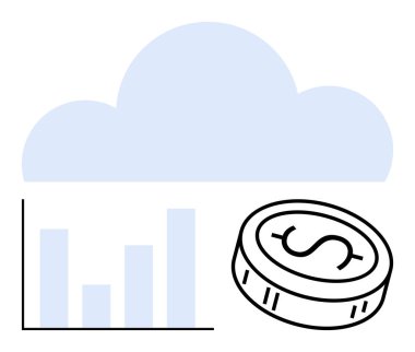 Bulut, çubuk grafik ve dolar madeni para finansal veri analizi ve bulut depolama öneriyor. Finans, bulut hizmetleri, veri analizleri, teknoloji, yatırımlar, iş büyümesi için ideal