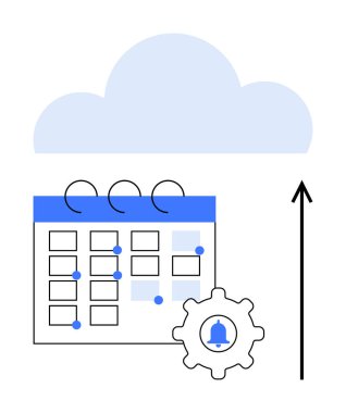 Calendar with blue events cloud upward arrow gear icon. Ideal for productivity, planning, organization, scheduling, automation, technology, analytics. Line metaphor clipart